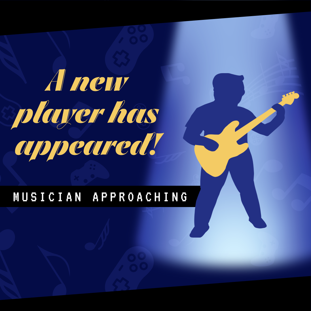 A new player has appeared! Silhouette of a musician with a bass standing in a spotlight. Musician approaching.