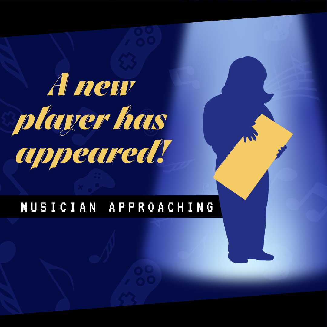 A new player has appeared! Silhouette of a musician with a keyboard standing in a spotlight. Musician approaching.
