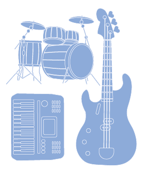 Illustrated drum set, bass guitar, and a keyboard.